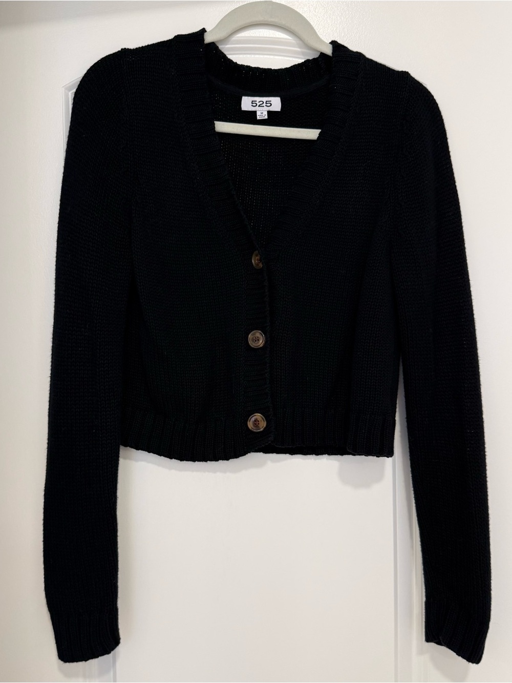 525 America Black Cropped V-Neck Button Cardigan